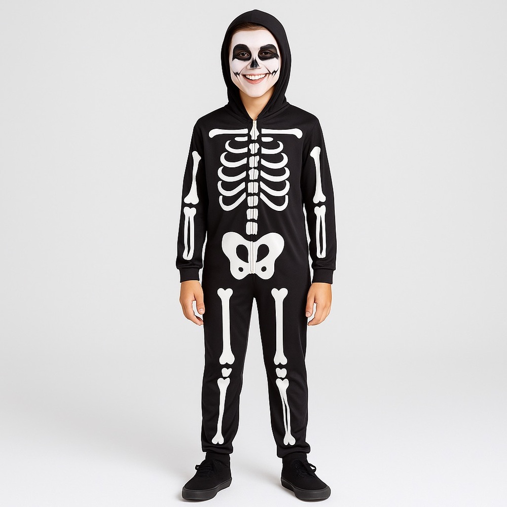 570. 🐣 Large‎ Skeleton Hooded Jumpsuit Costume Black White Bones Zipper Front